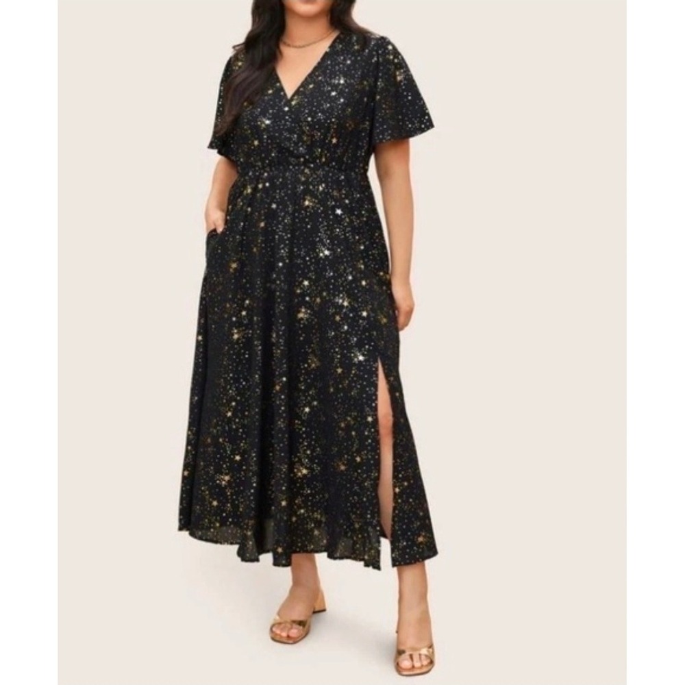Shein Black Gold Star Print  Maxi Dress Flutter Sleeve Plus 14-16 1X‎